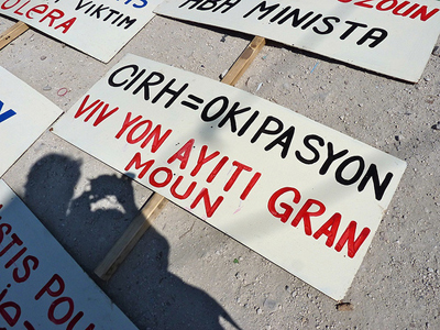 Sign from a Port-au-Prince protest in October 2011, declaring “IHRC = Occupation. Long live a sovereign Haiti.” Photo: Ansel Herz