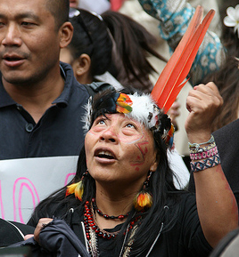 Indigenous leader at protest against Belo Monte Dam