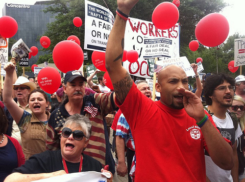CWA members and allies protest in Texas against the Trans-Pacific Partnership. Photo: CWA.