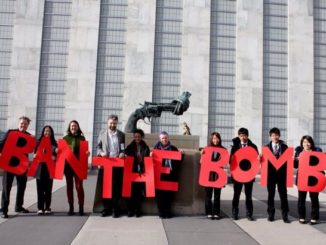 A “ban the bomb” sign outside of the United Nations headquarters in New York City. (Twitter)