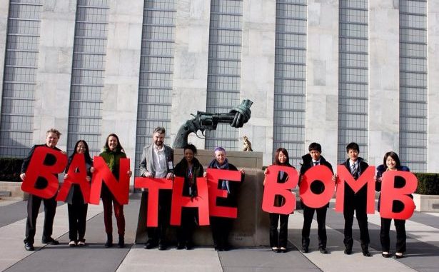 A “ban the bomb” sign outside of the United Nations headquarters in New York City. (Twitter)