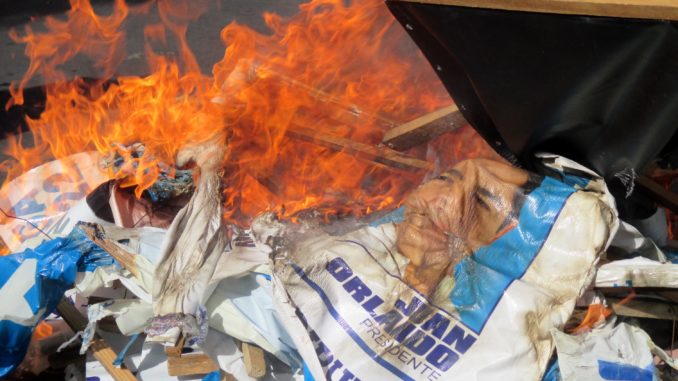 Campaign materials for the reelection of Honduran president Juan Orlando Hernández burn in a bonfire outside the US Embassy in Tegucigalpa. Photo by Sandra Cuffe