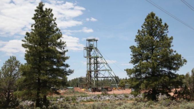Located in the background, you can see the headframe of the Canyon uranium mine. The headframe is located directly about the the Cococino Perched Aquifer and the Redwall Muav Aquifer. Photo: Garet Bleir