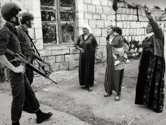 Women seen confronting Israeli troops in Gaza during the first intifada. After this photo was taken the women were assaulted and dispersed with truncheons and tear gas. [Credit: Robert Croma / maryscullyreports.com]