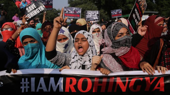 Indian activists hold placards during a protest march against the persecution of Myanmar's Rohingya. (Credit: EPA-EFE/Rajat Gupta)