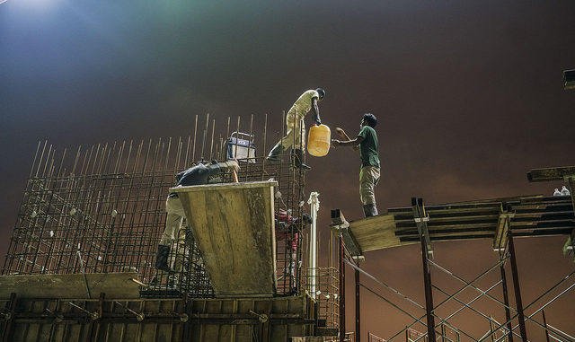 Bangladeshi migrant worker Abul Hossain says it is against the law to be working at night in construction sites in Malaysia, but it is common practice and expected of the workers. Abul works in a construction site in Ampang in Kuala Lumpur. Photo: Shahidul Alam/Drik/Majority World