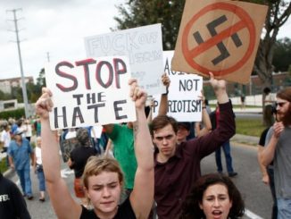 Demonstrators gather at the site of a planned speech by white nationalist Richard Spencer in Gainesville, Florida. Source: Getty Images