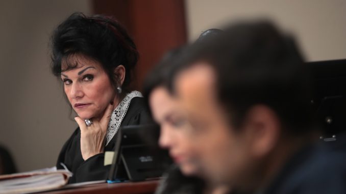 Aquilina looks at Nassar during a victim’s impact statement. Photo by Scott Olson/Getty Images.