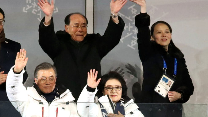 North Korean leader Kim Jong Un's sister, Kim Yo Jong, and nominal head of state Kim Yong Nam wave behind South Korean President Moon Jae-in and his wife, Kim Jung-sook, during the opening ceremony of the Pyeongchang Winter Olympics. Photo credit: AFP-JIJI