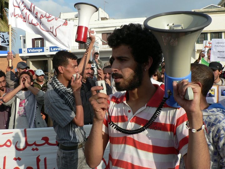 A February 20 Movement protest in Rabat, Morocco in 2011, with movement founders Hassan Maaras (left) and Ali Ayman (right). Photo credit: Ilhem Rachidi
