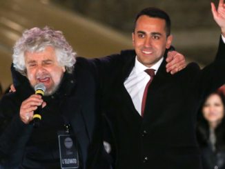 The far-right Five Star Movement political leader Luigi Di Maio (R) and party founder Beppe Grillo (L) attend a rally ahead of the March 4 Parliamentary Elections in Italy