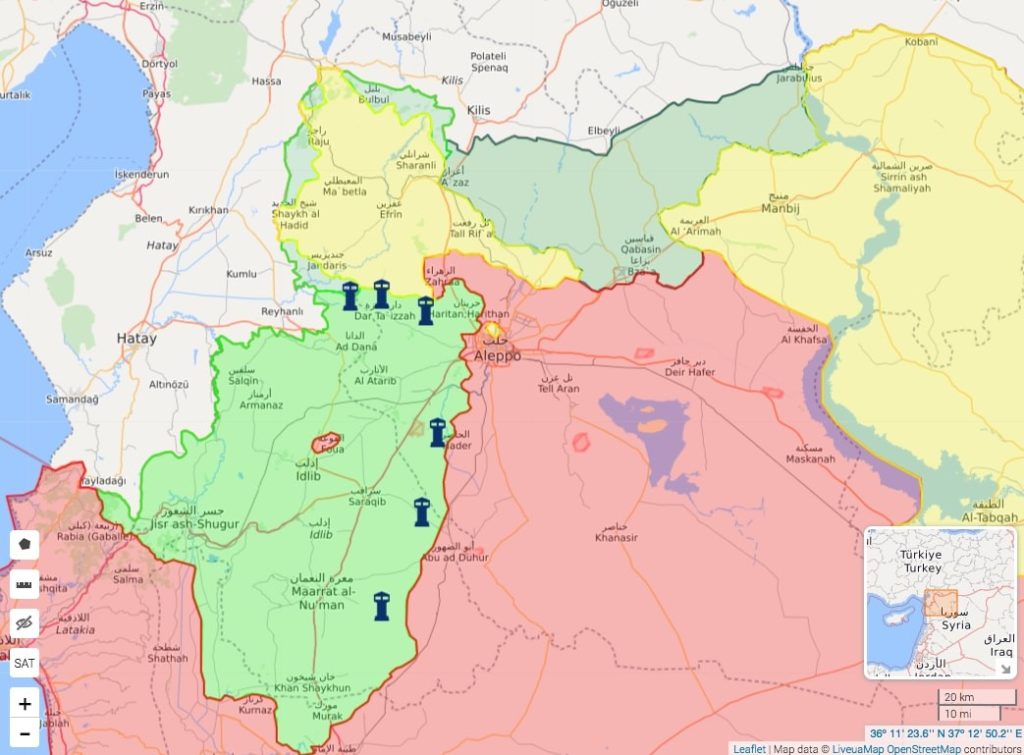 A map with the Afrin Canton within the middle of Operation Olive Branch. Yellow denotes the Democratic Federation of Northern Syria (Rojava), Red denotes Assad-held territory, Light Green refers to Jihadist held Idlib, and Dark Green shows Euphrates Shield Territory.  