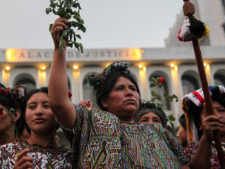 Maria Soto and other Ixil women celebrate on May 11, 2013 after former Guatemalan dictator Rios Montt was found guilty of genocide against the indigenous Ixil people. Trócaire's partners had fought for almost 30 years for justice for the Ixil people. (Photo credit Elena Hermosa).