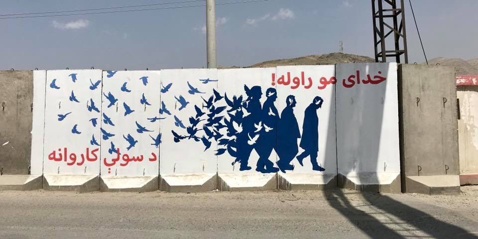 One of several murals being created by Kabul's "ArtLords" painters to welcome the Helmand to Kabul peace walkers.
