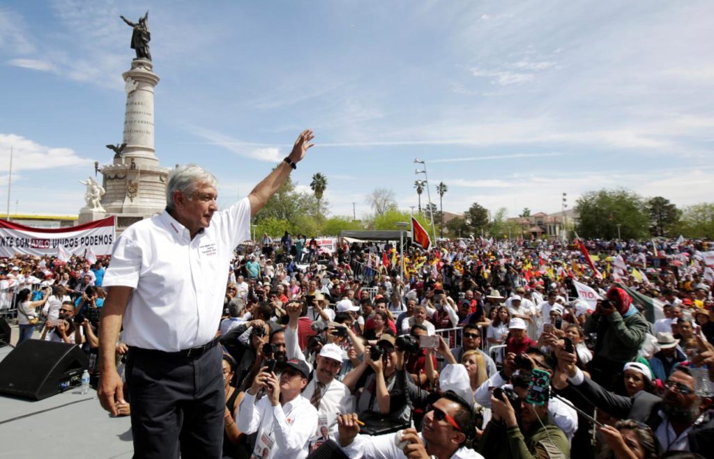 Leftist front-runner Andrés Manuel López Obrador waves to supporters during a campaign rally in Ciudad Juarez, Mexico April 1, 2018. Photo credit: Reuters. Jose Luis Gonzalez 