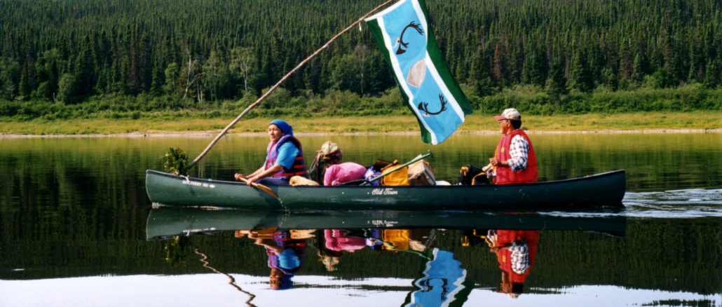 Innu activists descend the Grand River (Churchill) after the Lower Churchill project is announced, 1998. Photo credit: Alexis Lathem