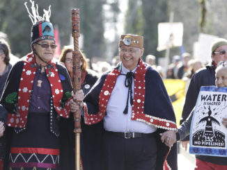 Indigenous leaders, coast protectors, and others demonstrate against the expansion of the Trans Mountain pipeline expansion project in Burnaby, British Columbia, Canada, on March 10, 2018. Photo by Jason Redmond/Getty Images