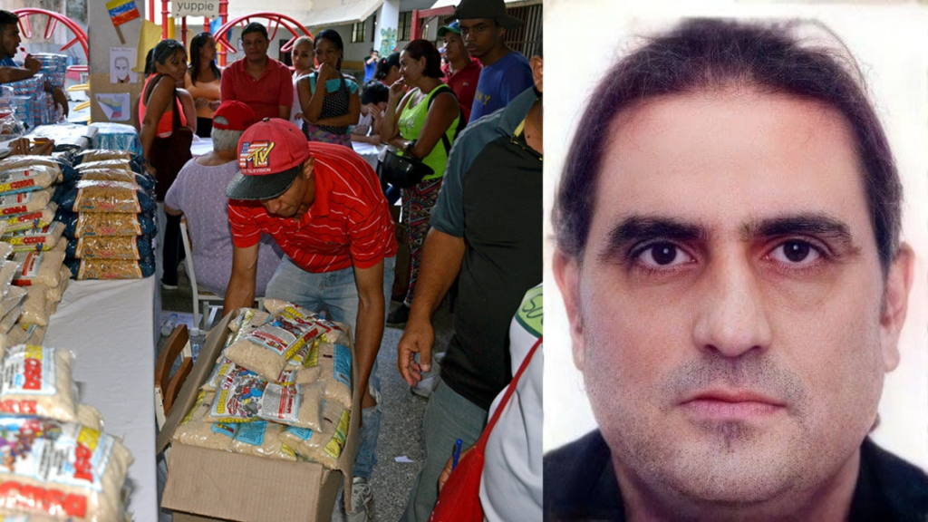 Venezuela's CLAP food program (Gloria La Riva/Liberation News) and Alex Saab (right, U.S. Dept. of Treasury)