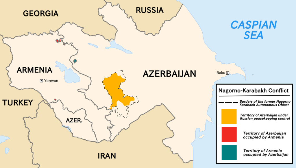 Map of Caucasus region, with Nagorno-Karabakh in yellow / credit: Wikipedia/CuriousGolden