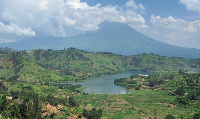 Lake and volcano in the Virunga Mountains of Rwanda / credit: Wikipedia/Neil Palmer