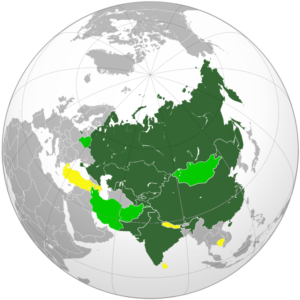 A map of the member states (dark green) and observer states (yellow) of the Shanghai Cooperation Organization as of July 10, 2015. It includes what was at the time two new permanent members, Pakistan and India / credit: Wikipedia/MBilal106