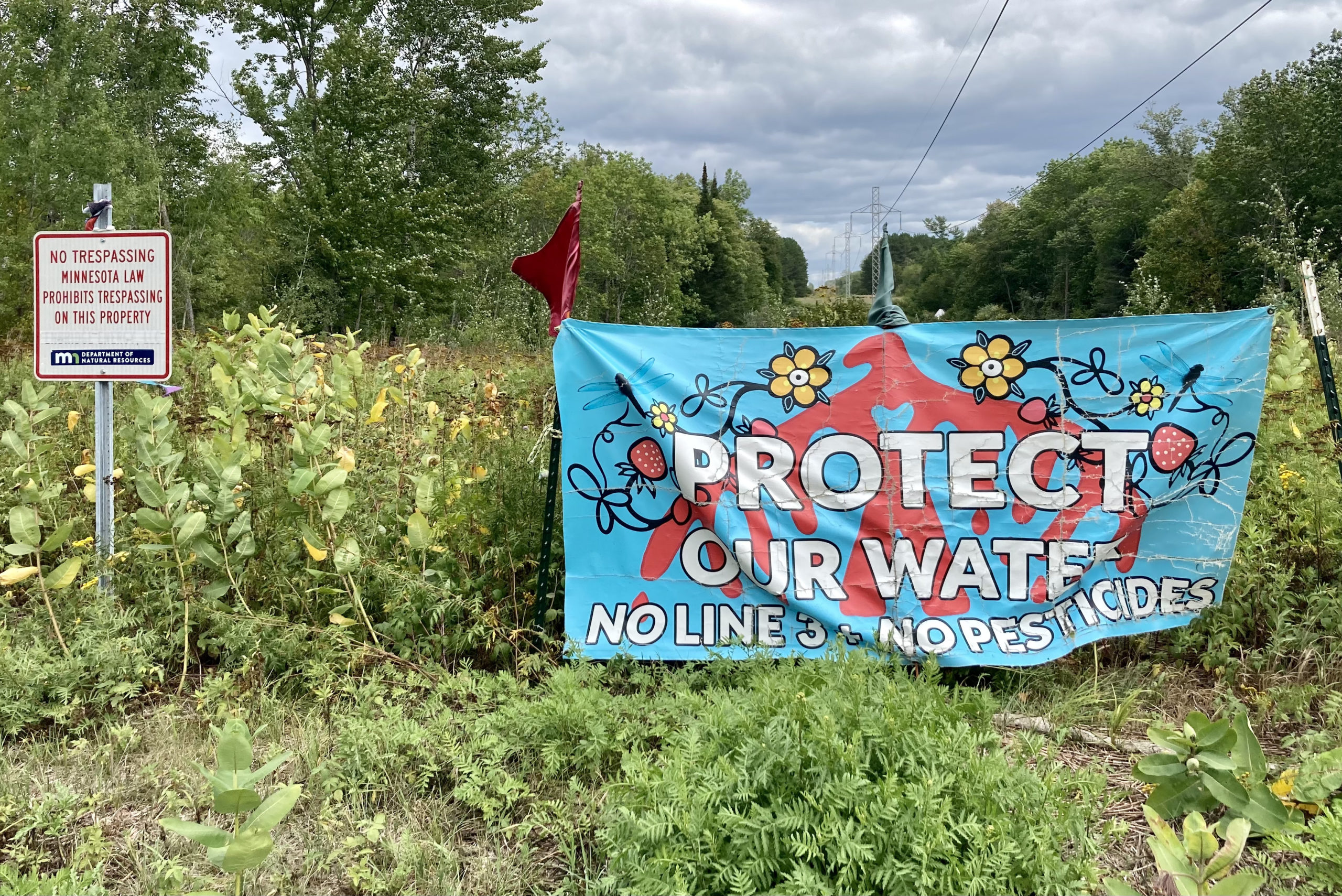 No Line 3 banner on the Enbridge easement by the Welcome Water Protector Camp on the Mississippi River on Aitkin County, MN. 