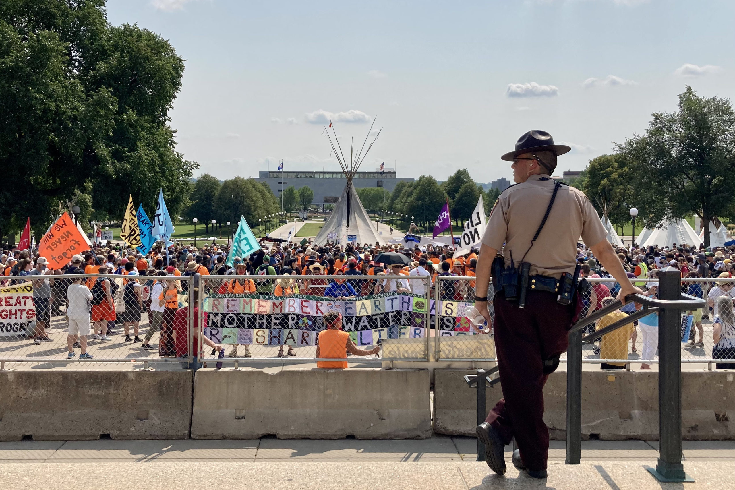 In anticipation of Indigenous people arriving on his doorstep, Governor Tim Walz shut down the Minnesota State Capitol for a week and installed concrete barricades and fencing. Hundreds of law enforcement officers patrolled the grounds for that week.