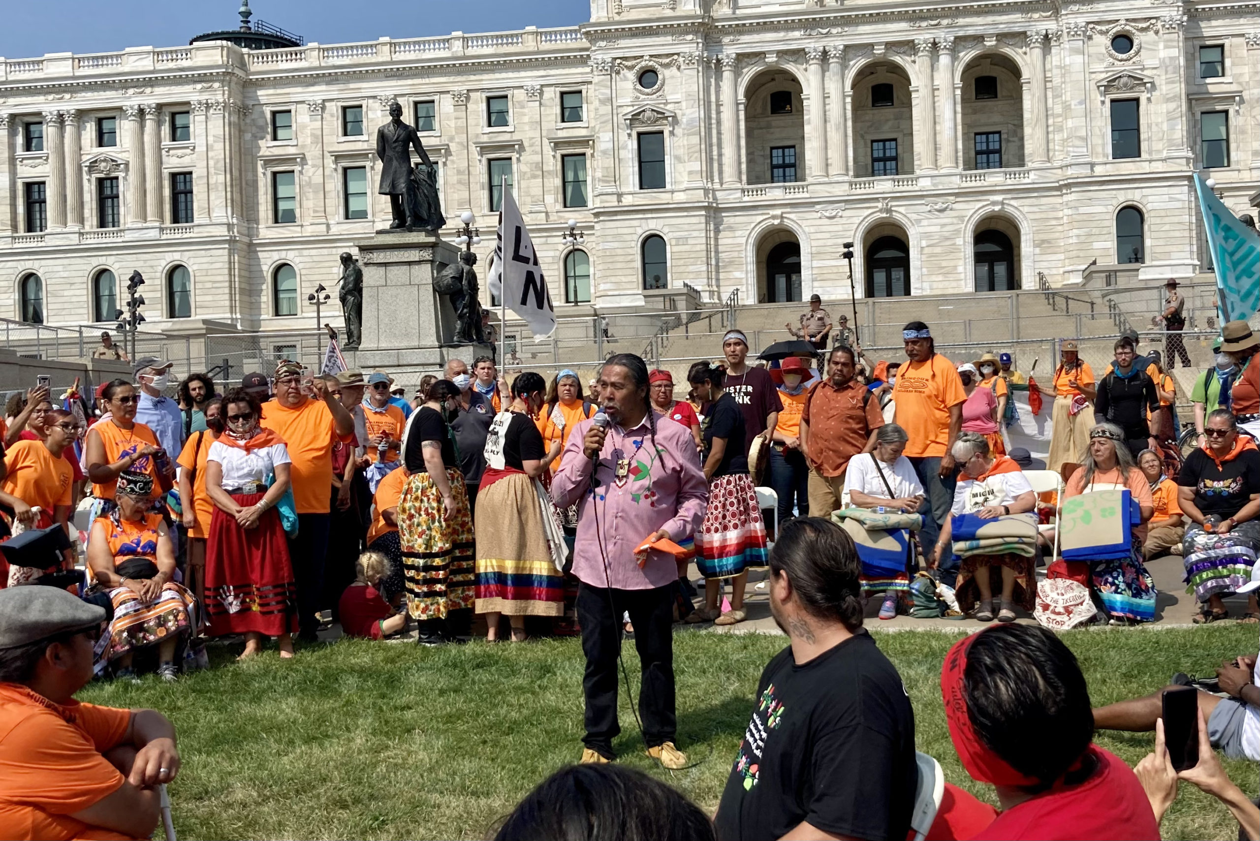 Water walkers and other Indigenous elders were honored with blankets at the MN State Capitol at the end of the Treaty People Walk for Water on August 25, 2021.