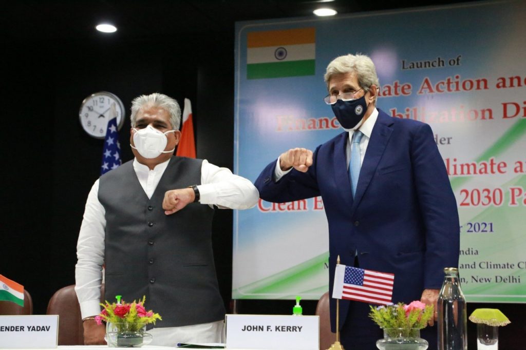 Indian Minister for Environment, Forest and Climate Change Bhupender Yadav (left)and U.S. special presidential climate envoy John Kerry kick off the U.S.-India Climate Action and Finance Mobilization Dialogue on September 13 in New Delhi / credit: Twitter/climateenvoy