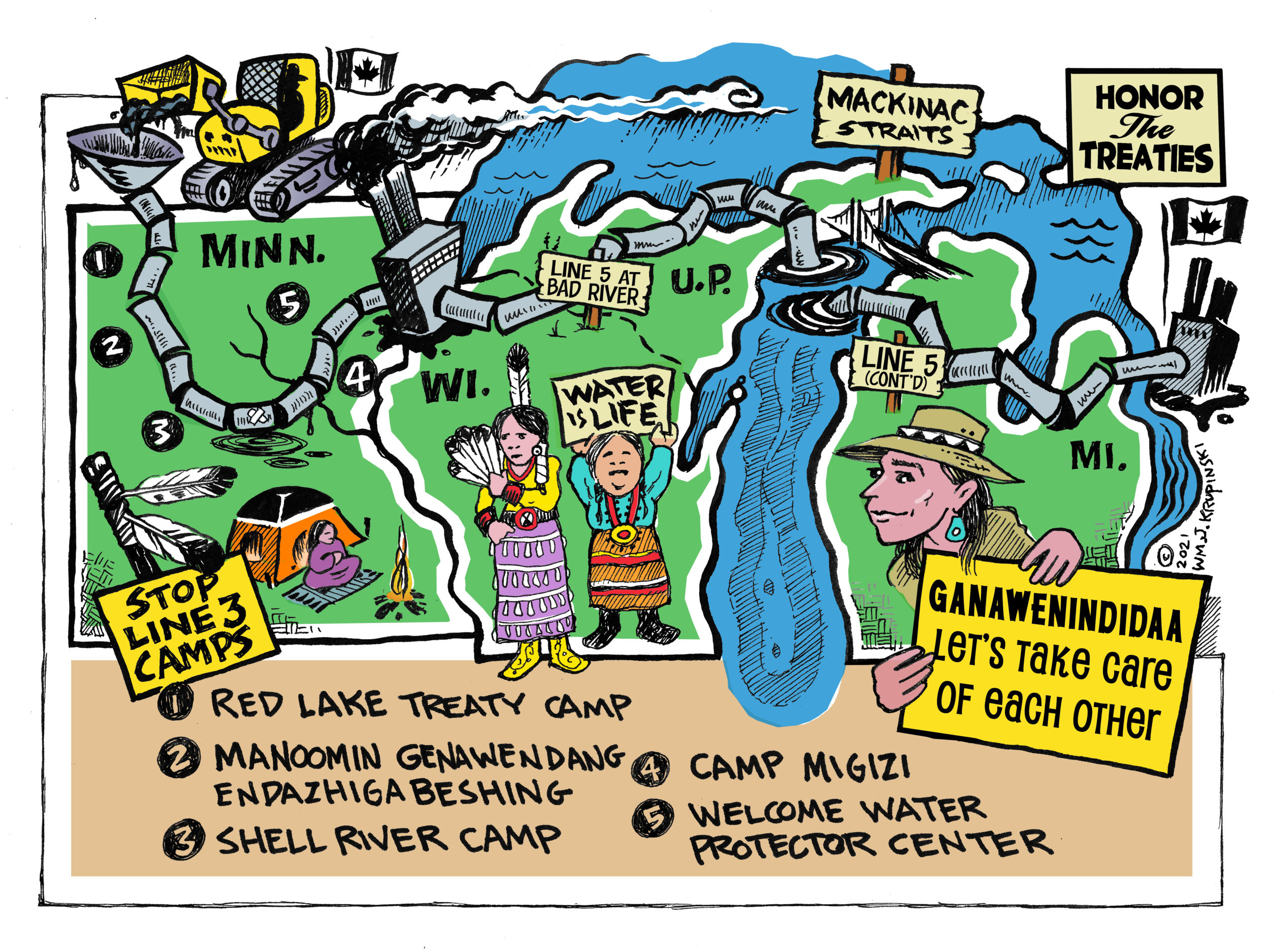 An illustration of the Great Lakes region, through which Enbridge Energy's Lines 3 and 5 carrying tar sands oil flows / credit: Bill Krupinski