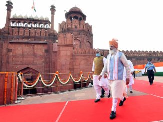 Prime Minister Narendra Modi walking towards the dais to address the Nation at Red Fort, on the occasion of 75th Independence Day, in Delhi on August 15, 2021 / Indian Prime Minister's Office