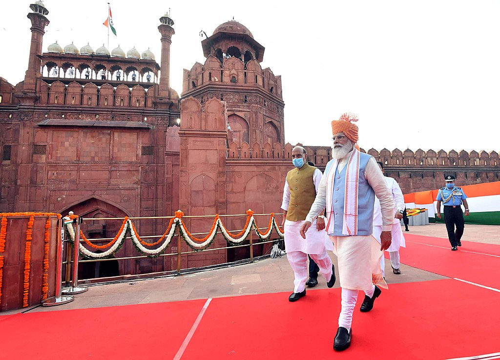 Prime Minister Narendra Modi walking towards the dais to address the Nation at Red Fort, on the occasion of 75th Independence Day, in Delhi on August 15, 2021 / Indian Prime Minister's Office