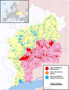 Map of the Donbass War, involving two self-proclaimed republics splitting off from Ukraine beginning in 2014. This maps shows 2014 areas of fighting, and which sides had de facto control of particular regions / credit: ZomBear/Marktaff