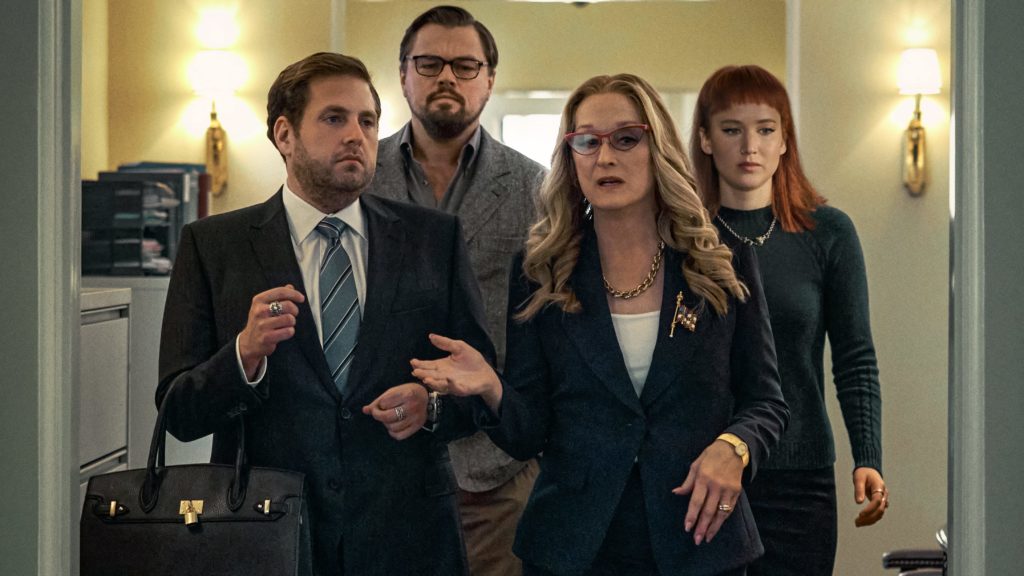 A scene from Netflix film "Don't Look Up" (2021) featuring from left to right: Jonah Hill, Leonardo DiCaprio, Meryl Streep and Jennifer Lawrence