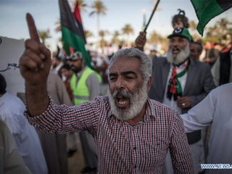 People take part in a protest against the military offensive led by Libyan National Army commander Khalifa Haftar, at Martyrs' Square in Tripoli, Libya, on May 17, 2019 / credit: Xinhua/Amru Salahuddien