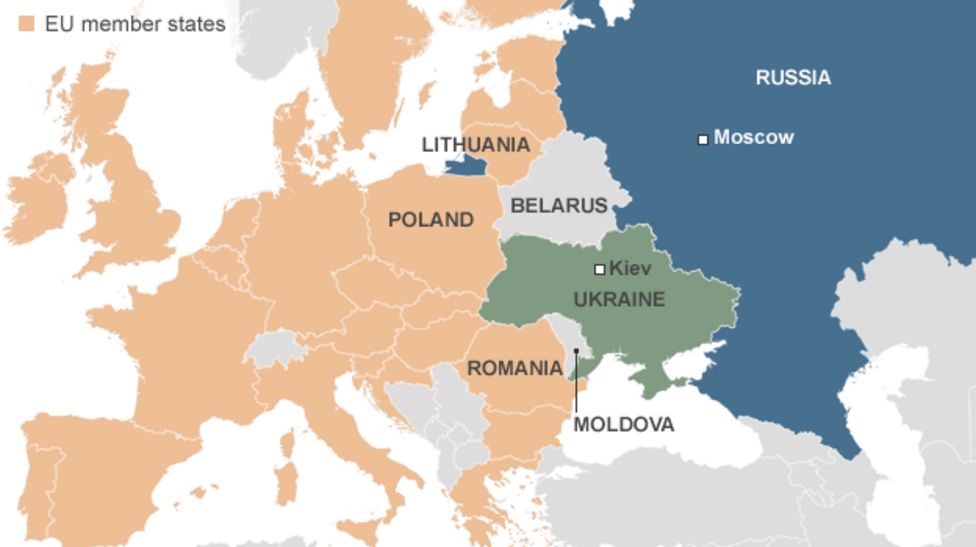 Map of Europe, with Belarus, Russia and Ukraine highlighted / credit: BBC