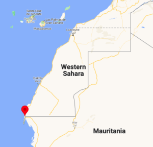 Map of the disputed Western Sahara, with a red pin marking the location of Guerguerat, a town on the border with Mauritania / credit: Google