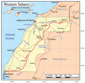 Detailed map of Western Sahara, showing borders with Morocco, Algeria and Mauritania / credit: Kmusser, based primarily on the Digital Chart of the World, with this UN map and commercial atlases (Rand McNally, Google, Encarta, and National Geographic) used as references