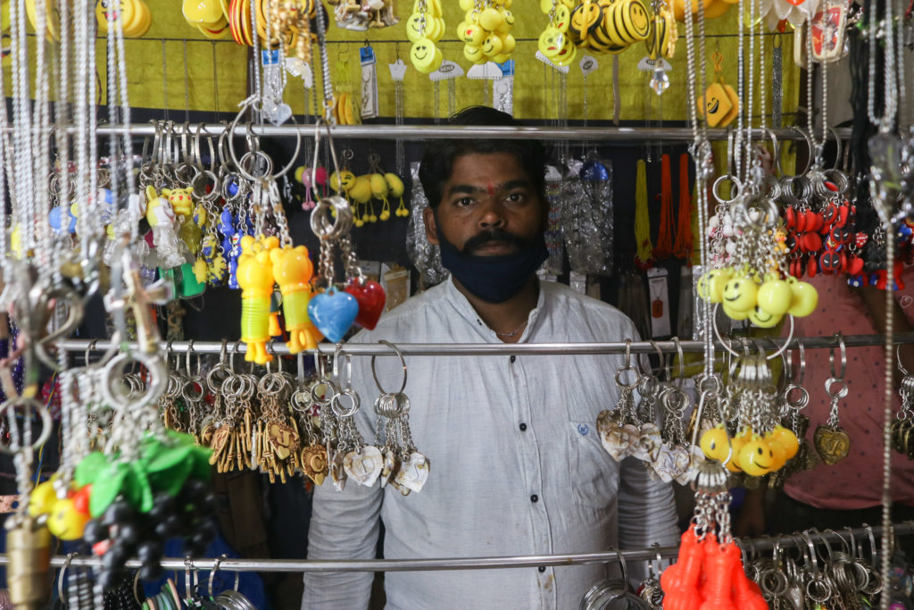 Kanthinath Ghotane has traveled from the neighboring Indian state of Karnataka state to sell keychains in the Jambhali fair of Maharashtra’s Kolhapur district / credit: Sanket Jain