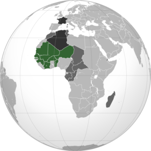 <span style="font-family: georgia, palatino, serif;">Represented in green is post-World War II French West Africa, a federation of eight French colonial territories in Africa: Mauritania, Senegal, French Sudan (now Mali), French Guinea (now Guinea), Ivory Coast, Upper Volta (now Burkina Faso), Dahomey (now Benin) and Niger. Dark gray indicates other French colonies in Africa. Black shows the French Republic as well as Algeria, another colony / credit: VoodooIsland/WIkipedia</span>