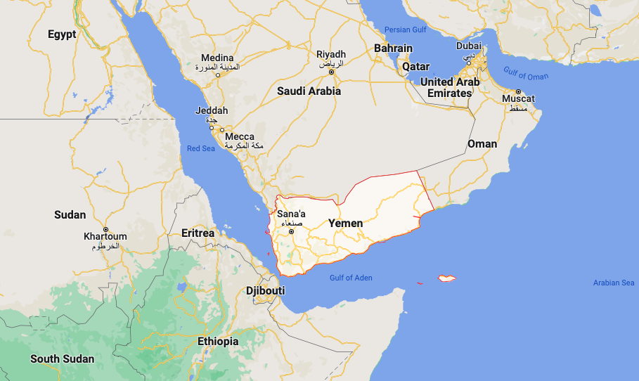 Yemen is highlighted in red / credit: Google