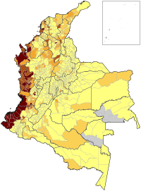 The African Colombian population in Colombia is mostly concentrated in coastal areas, as represented by the shades of brown / credit: Wikipedia / Milenioscuro using data from OCHA Colombia's Censo DANE 2005 