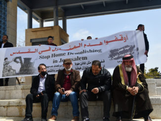 Residents of the Palestinian neighborhood, Jabal al-Mukaber, protest proposed demolition of their homes to make way for an expansion of a highway that would connect Israeli settler neighborhoods / credit: Jessica Buxbaum