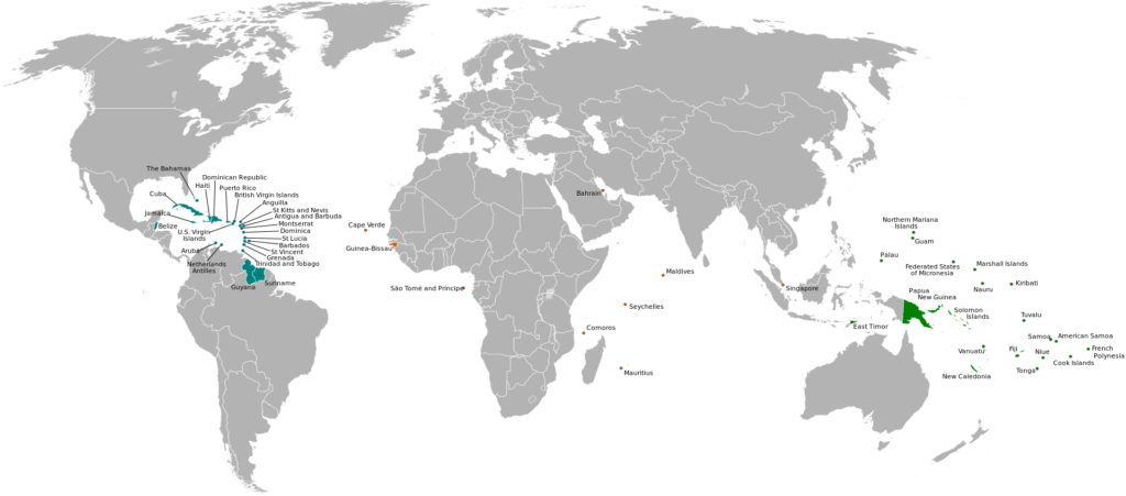 Map highlighting small-island developing states (SIDS) / credit: Osiris / Wikipedia