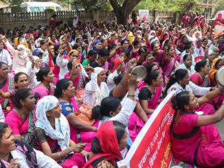 More than 3,000 Accredited Social Health Activists (ASHAs) protested in the city of Kolhapur India's Maharashtra state on October 26 after several of their demands, such as the legal status of full-time workers, better working conditions, adequate pay, medical insurance, and others, weren’t met / credit: Sanket Jain