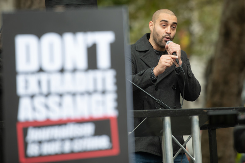 The rapper Lowkey, speaking at a rally in support of the persecuted journalist Julian Assange / credit: Justin Ng / Avalon