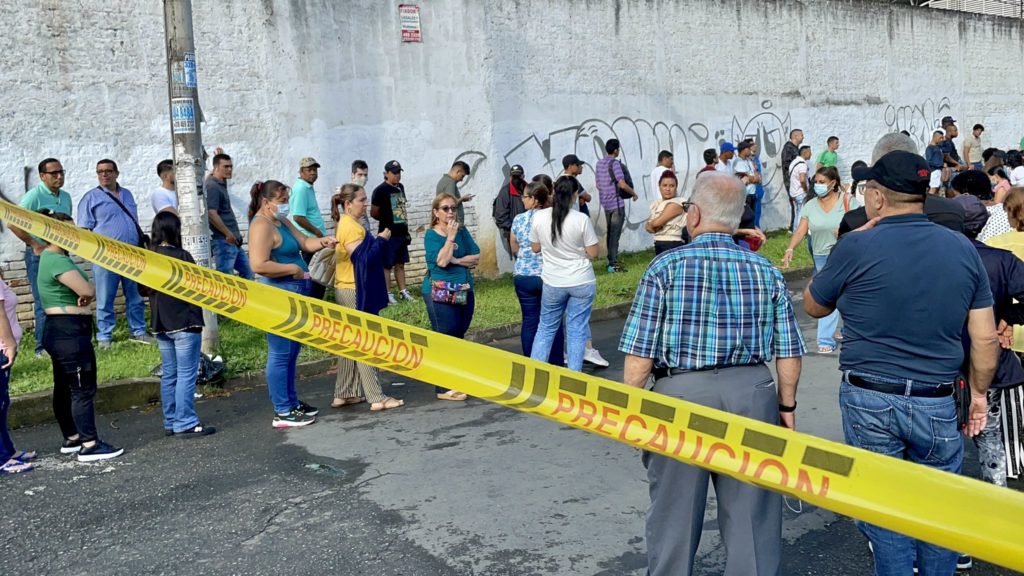 Voters in Colombia turned out in record numbers for the first round of the presidential election held on Sunday. Here is a scene from a university polling site in Calí / credit: Julie Varughese