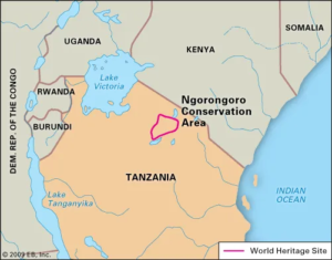 The boundaries of the Ngorongoro Conservation Area is in pink / credit: Encyclopedia Britanica