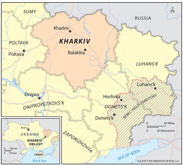 Map highlighting the Ukrainian oblast of Kharkiv in orange. The breakaway republics of Donetsk and Lugantsk are in gray / credit: Carnegie Europe