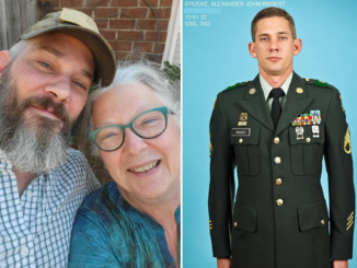 Drueke with his mother, Lois (left) and Drueke's photo from his time in the U.S. Army Reserve, which included two tours in Iraq / credit: New York Post